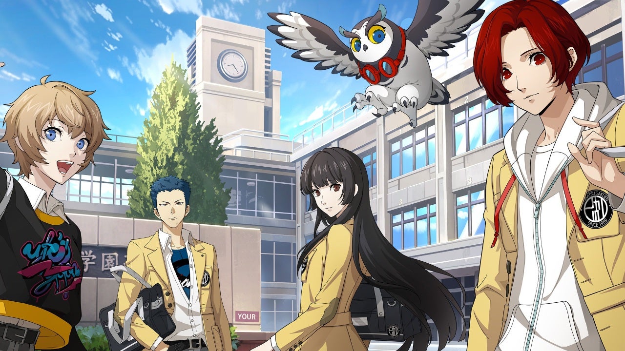 Το cast του Persona 5: Phantom X είναι μπροστά από το σχολείο.